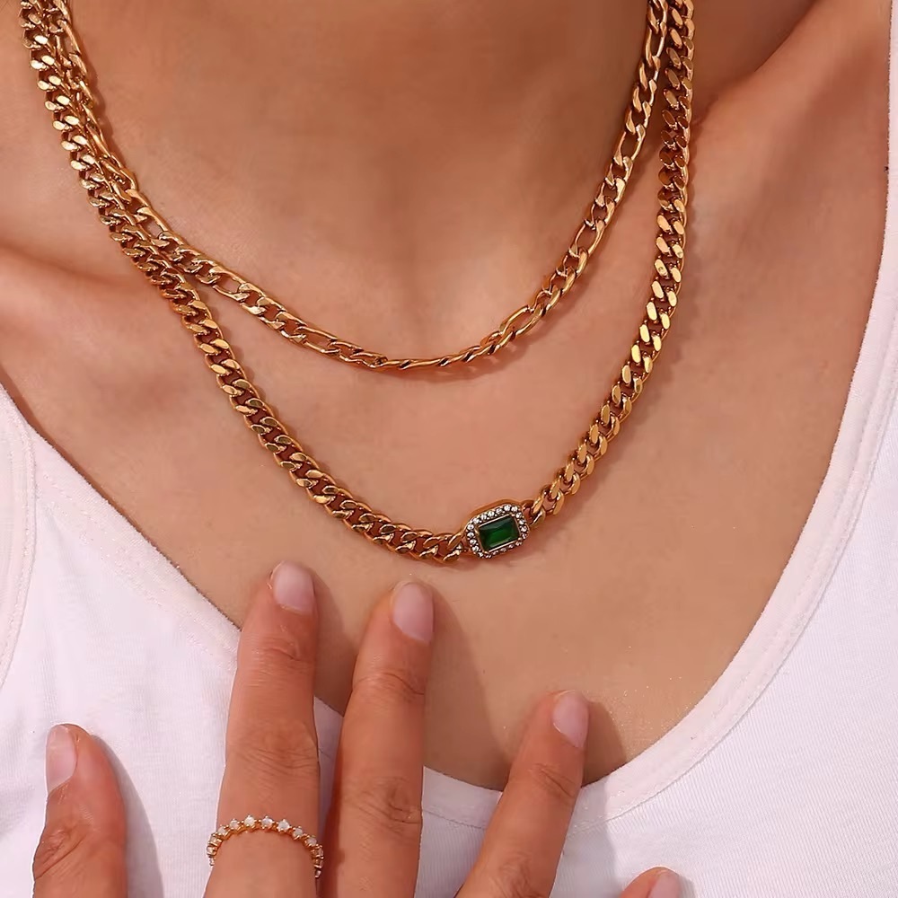 Golden Chain Necklace with Green Gem Accent - Picture 3 of 4